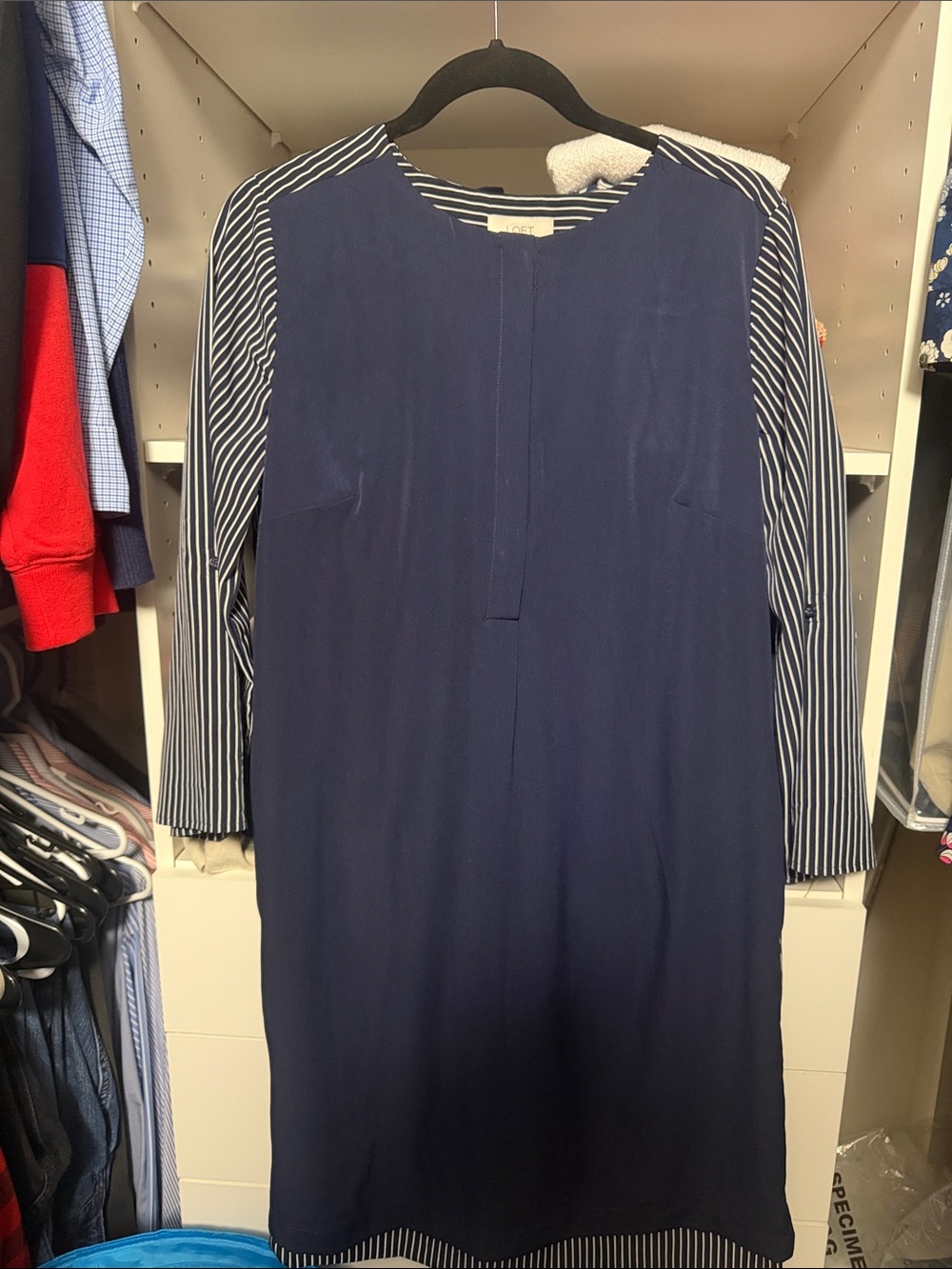 LOFT Navy Shift Dress with Navy-and-White Striped Sleeves
